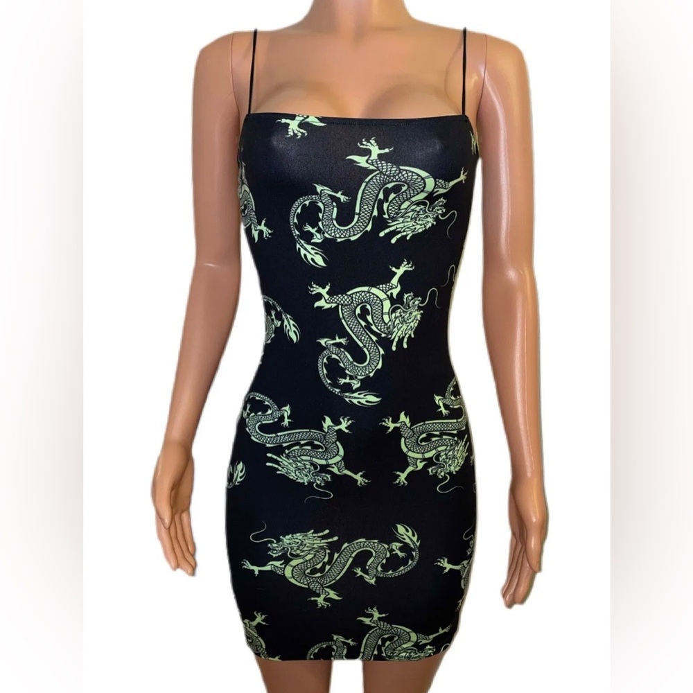 Sexy Black Lime Dragons Dragon Print Stretchy Mini Dress Raver Festival new Y2K
